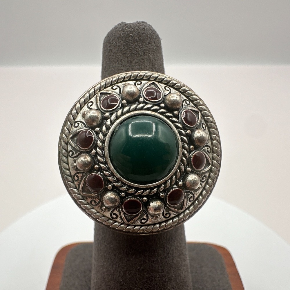 Vintage Y2K Lucky You Silver Tone Engraved Glass‎ Stone Ring Statement Jewelry